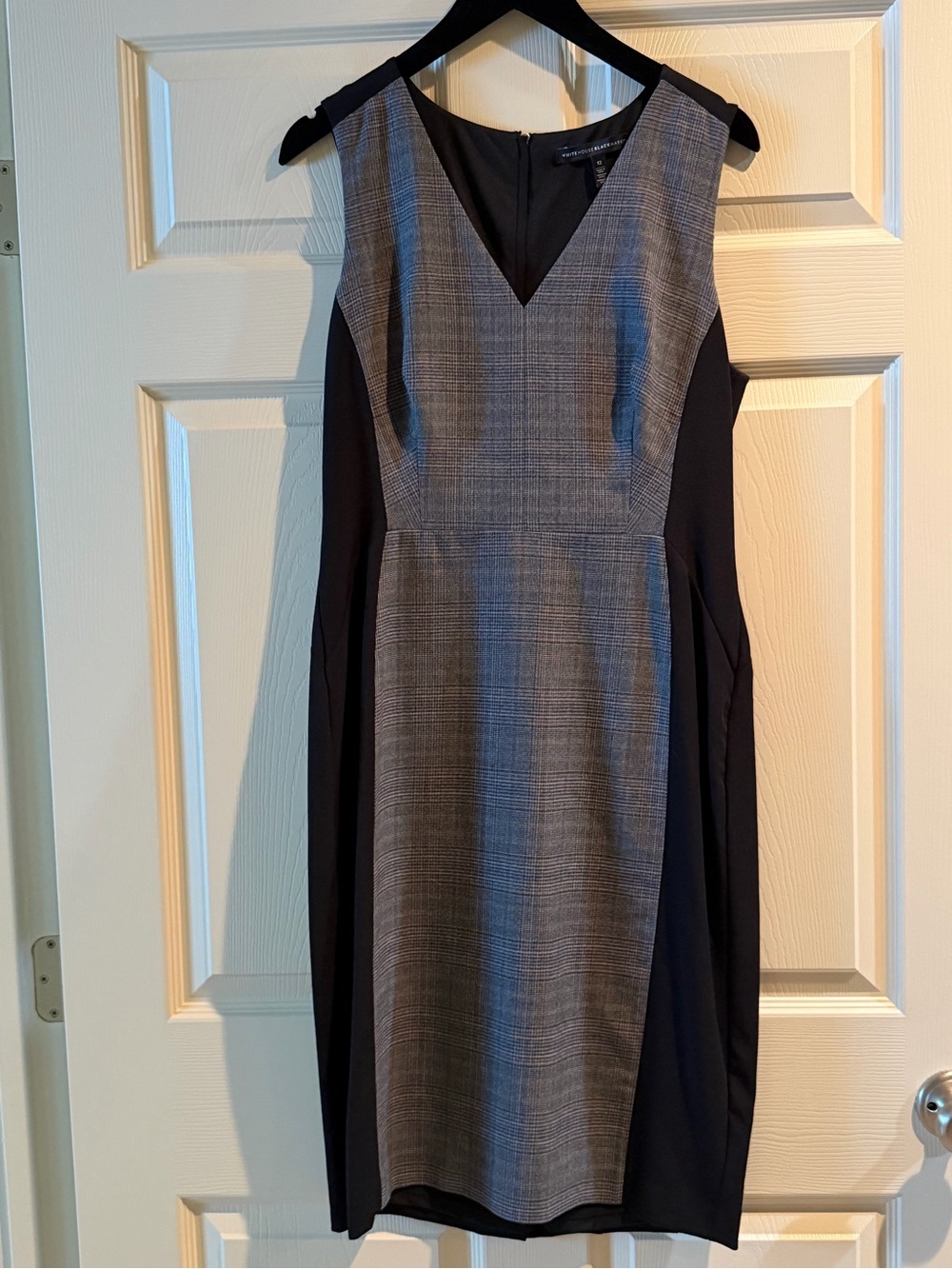 White House Black Market Gray Plaid Midi Dress with Black Panels. Size 12